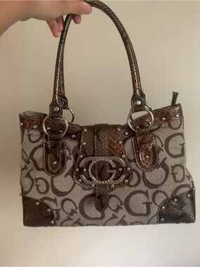 G by Guess Brown Monogram Shoulder Bag with Metallic Accents